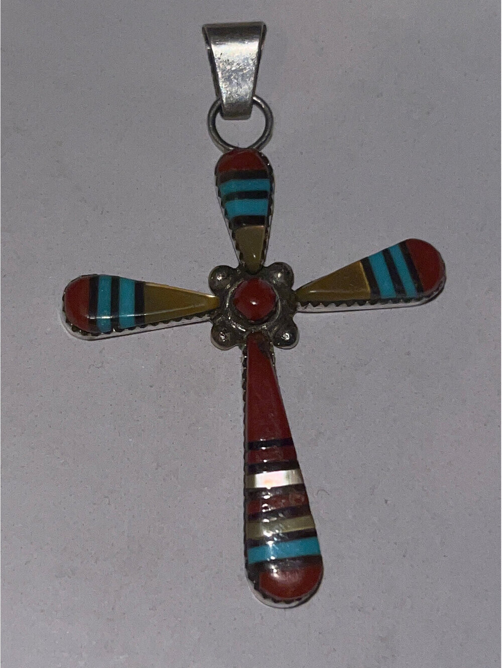 Zuni handmade sterling silver turquoise multi stone cross pendant charm